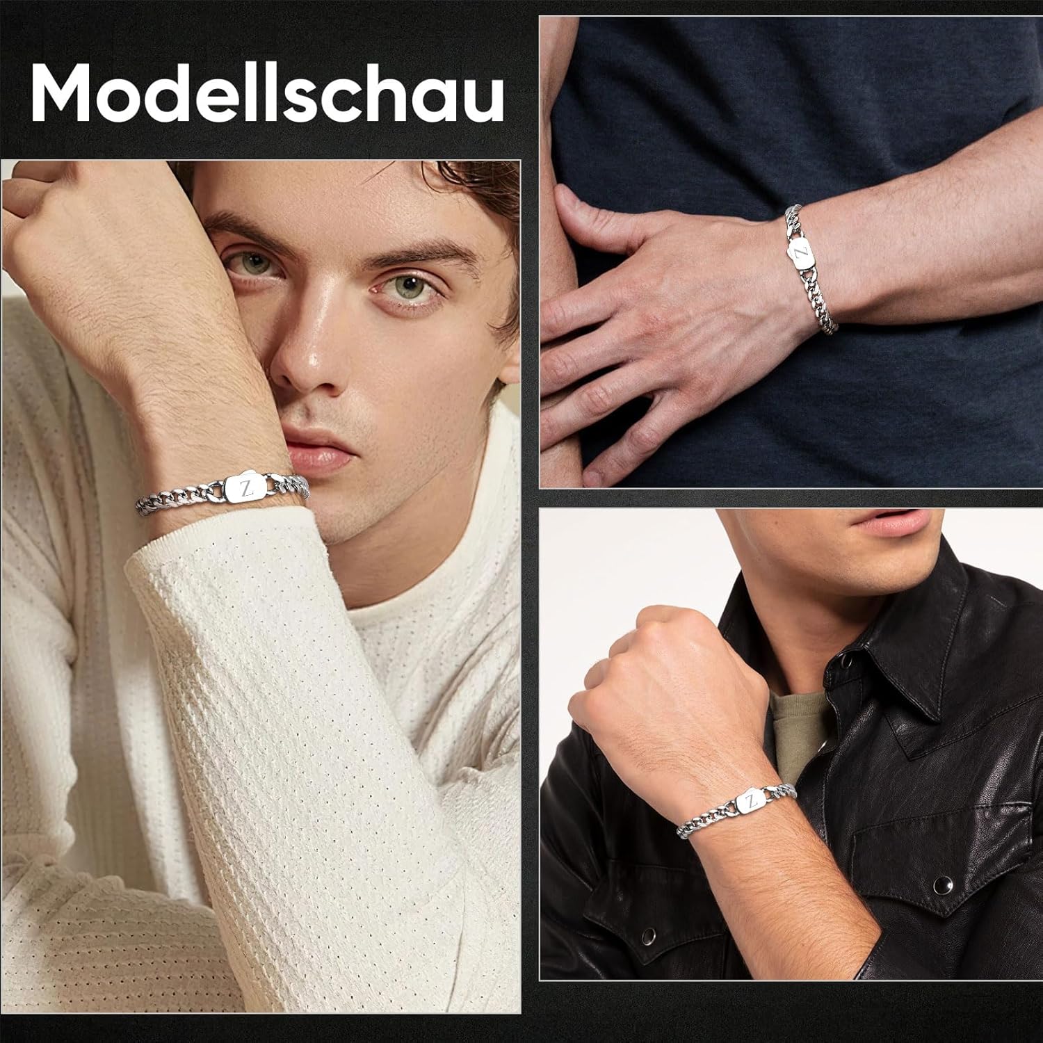 Thumbnail 4 de XUANPAI Initiale Armbänder für Männer (A–Z) – Silbernes Cuban-Link Edelstahlarmband mit Gravur, 21 cm