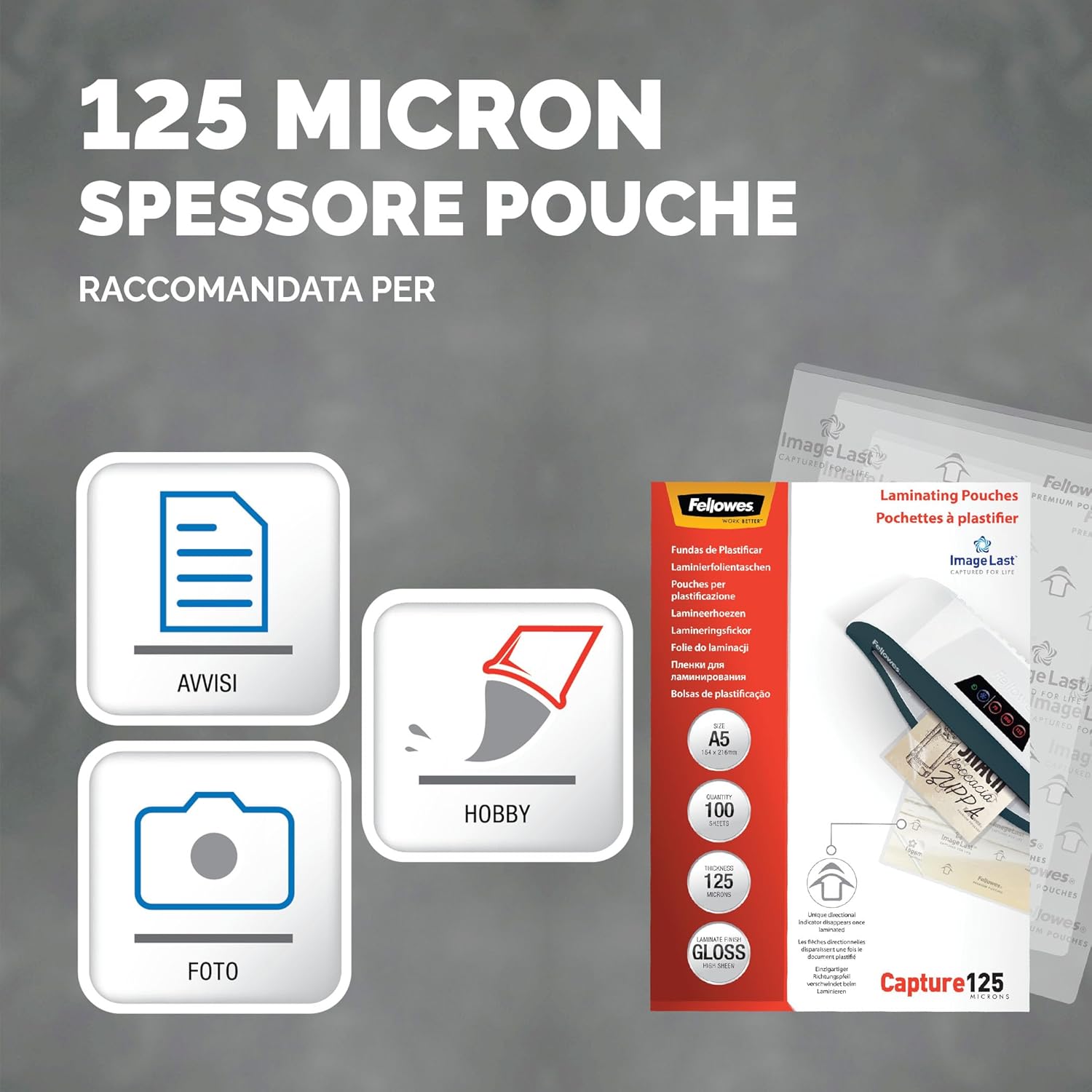 Detalle de Fellowes Pouches per plastificazione A5, 125 micron, confezione da 100 pezzi