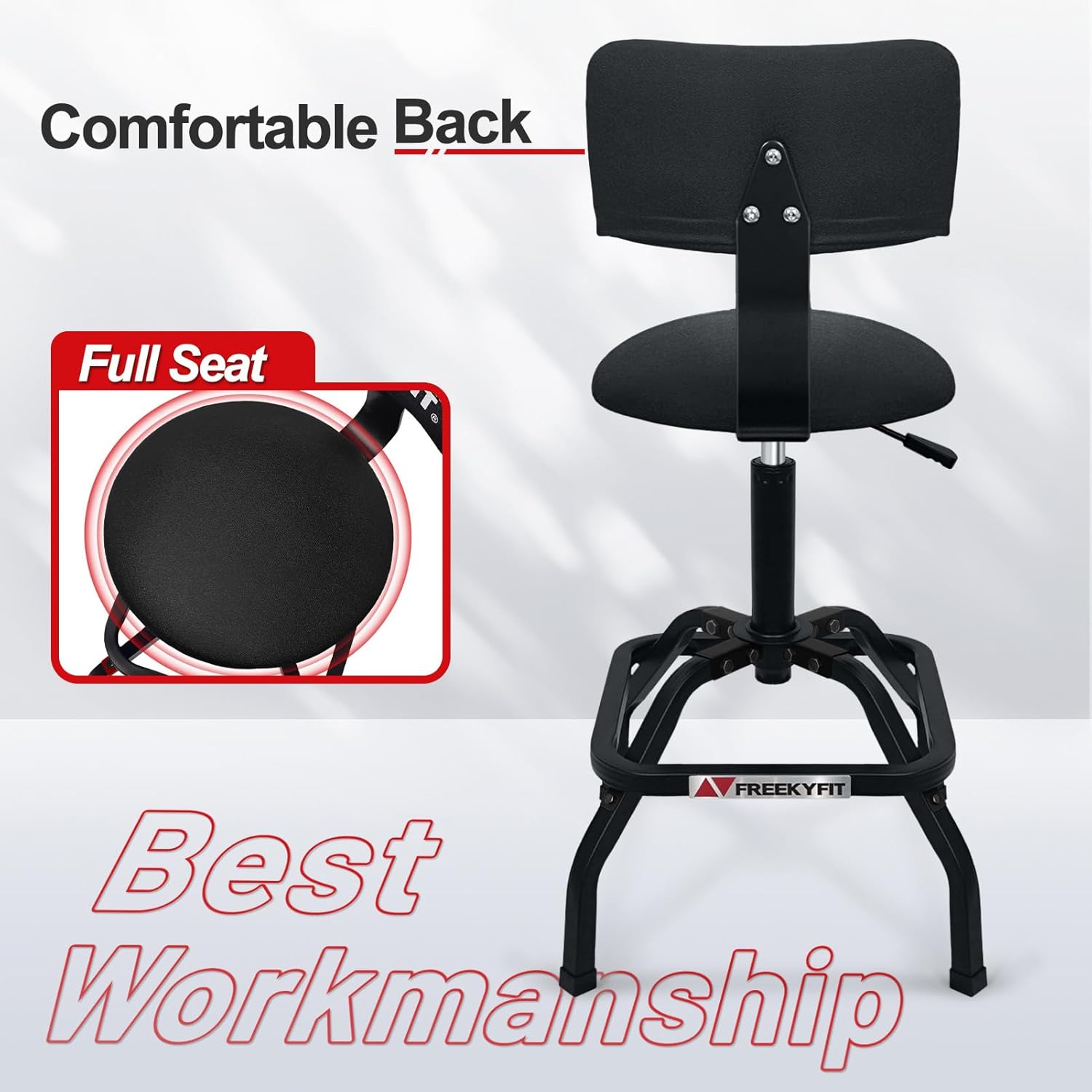 Detalle 2 de FreekyFit Shop Stool with Backrest: Adjustable 360° Swivel Mechanics Stool for Workshop