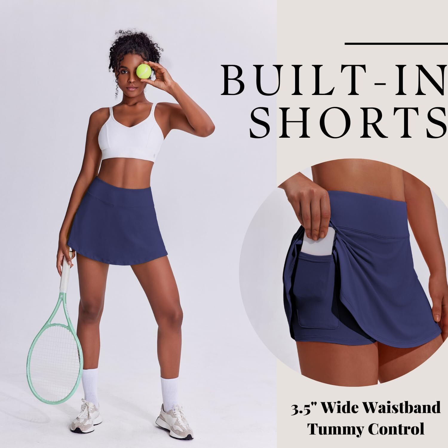 Detalle 2 de PINSPARK Jupe de tennis femme double couche, taille haute plissée avec short intérieur et poches