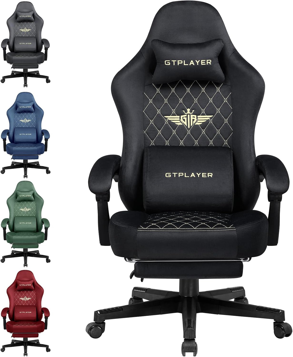 Detalle de GTPLAYER GT830 gamingstoel in zwarte stof met verstelbare rugleuning en voetensteun