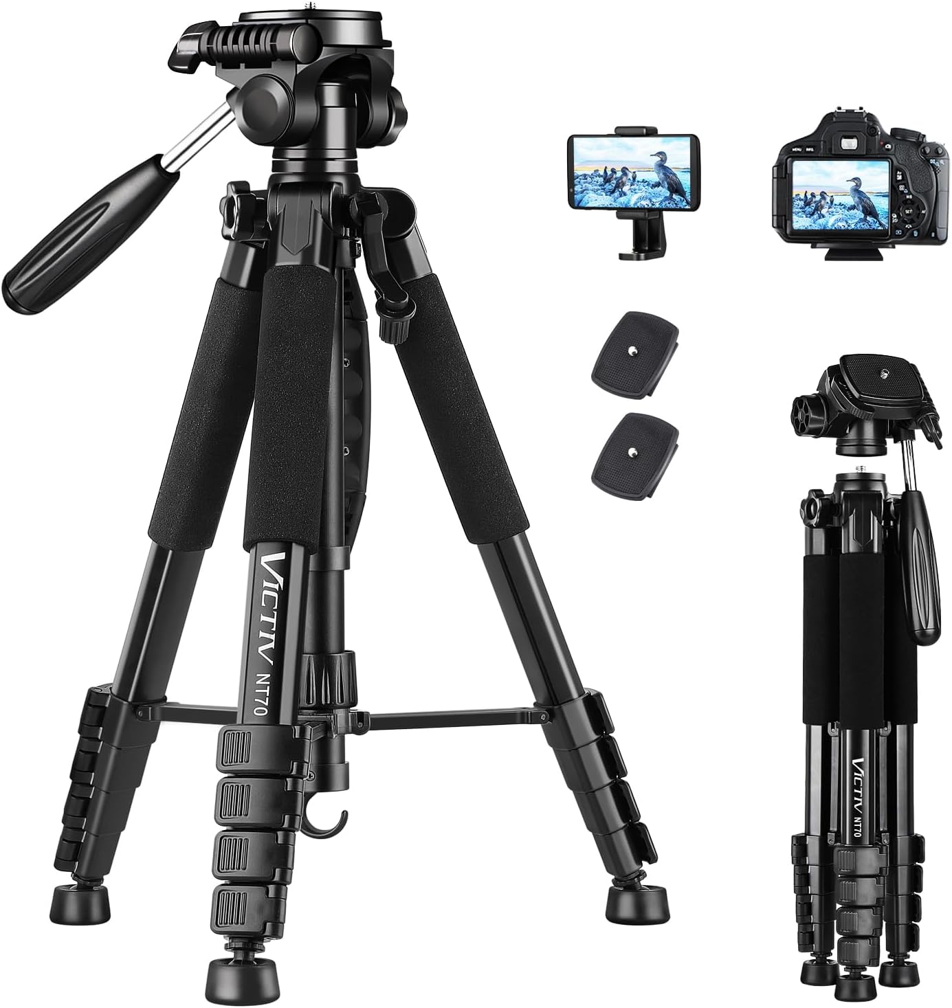 Thumbnail 6 de Victiv 182 cm Aluminium Camera Tripod with 360° Pan Head and Phone Holder
