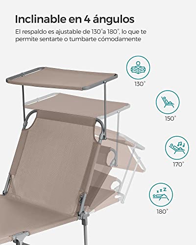 Thumbnail 3 de SONGMICS tumbona plegable con parasol y respaldo reclinable (193 x 53 x 29 cm, 150 kg) color topo