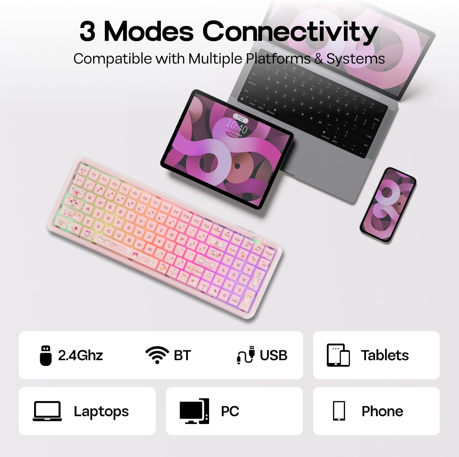 Thumbnail 4 de MechLands X Maorbeng X100 PRO Membrane Gaming Keyboard (96% Layout) with 5000mAh Battery, RGB Backlights, Wireless BT/2.4G, USB-C Wired — Pink