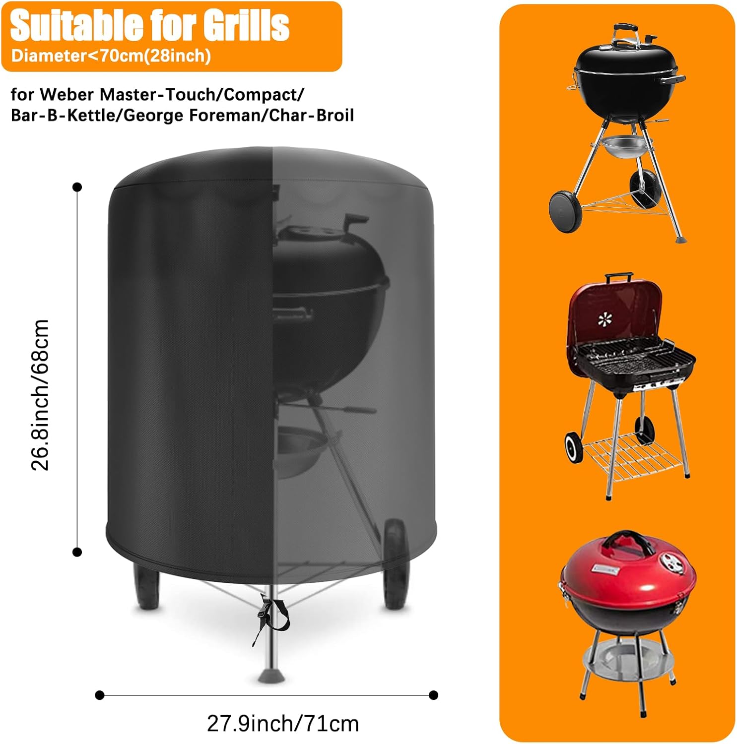 Detalle de Raweao Kettle BBQ Cover 57cm for Weber – Waterproof 500D Oxford, Φ71x68cm