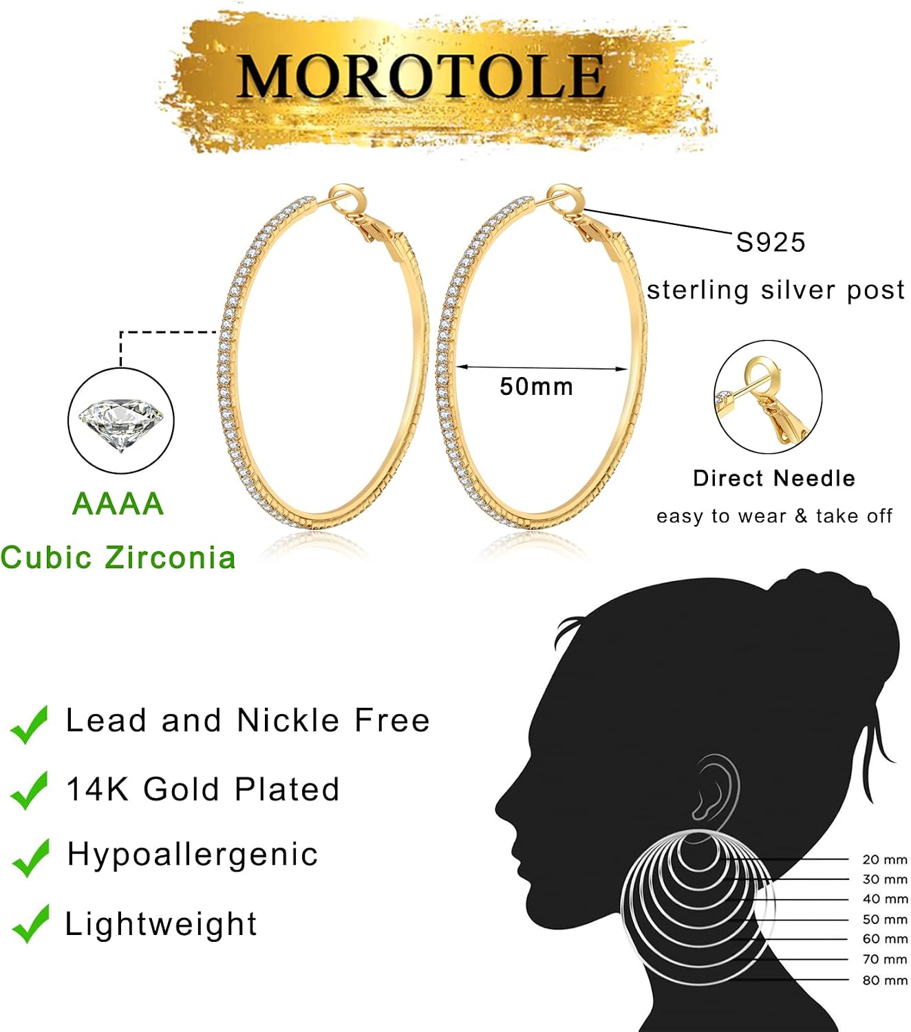 Thumbnail 2 de MOROTOLE 14K Gold Strass Creolen – große Strass-Ohrringe mit S925-Steckern (Hypoallergen) in 20–70 mm