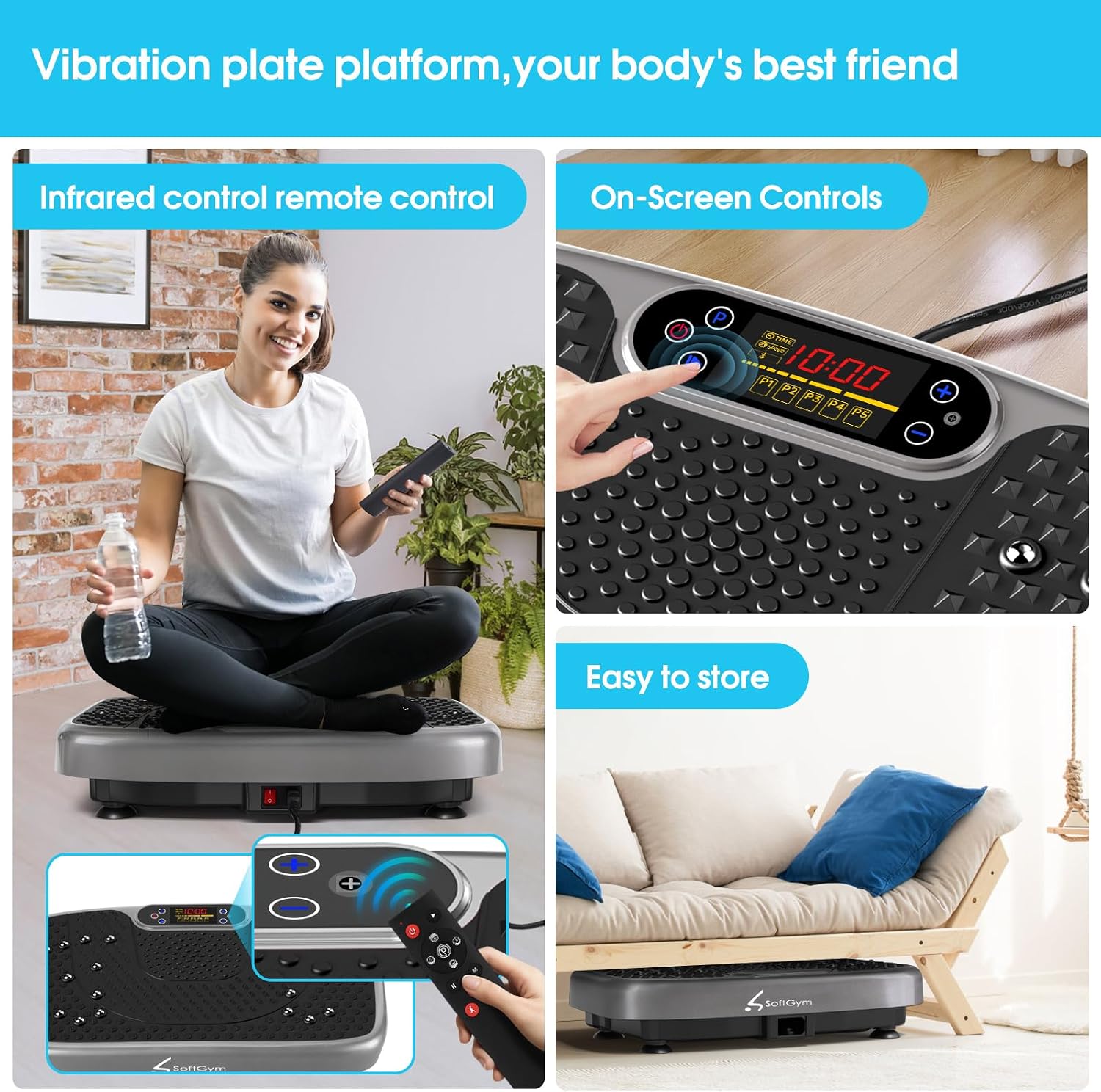 Detalle de SoftGym Vibration Plate Exercise Machine (450 lb capacity) with Remote, Touch Display & Resistance Bands