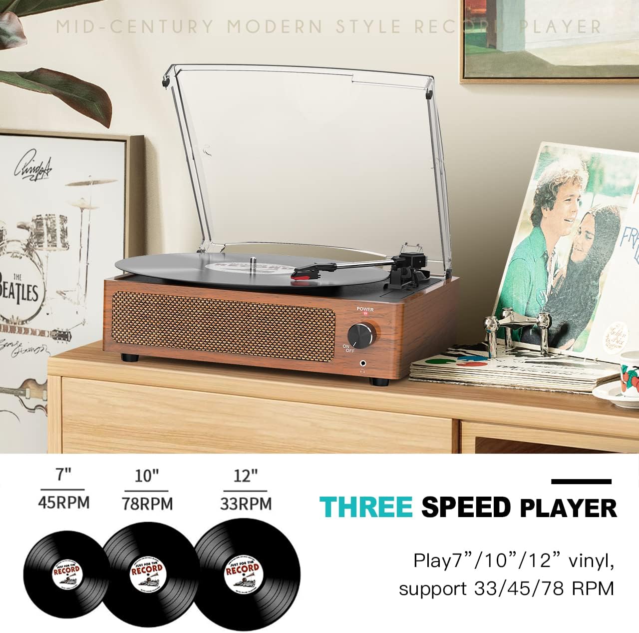 Detalle de Vinyl Record Player with Speakers: Vintage 3-Speed Belt-Driven Turntable with Bluetooth
