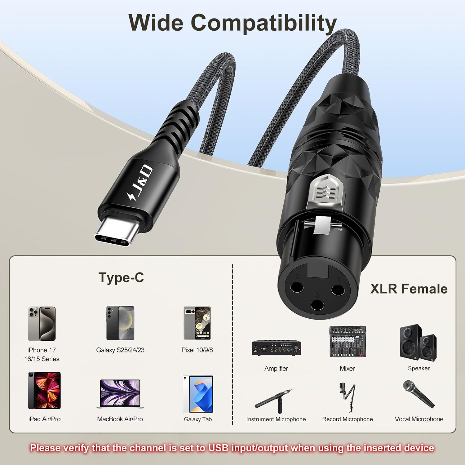 Detalle de J&D JD000727 USB-C to XLR Audio Cable with Direction Switch, 6.6 ft