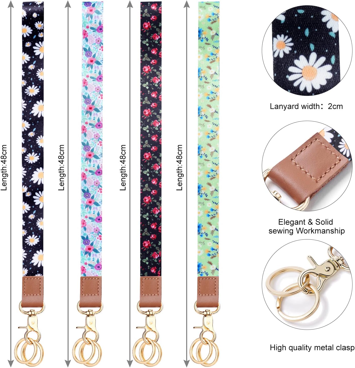 Detalle de Vicloon tryckt nyckelband, 4-pack med polyester, PU-läder och 8 metallringar