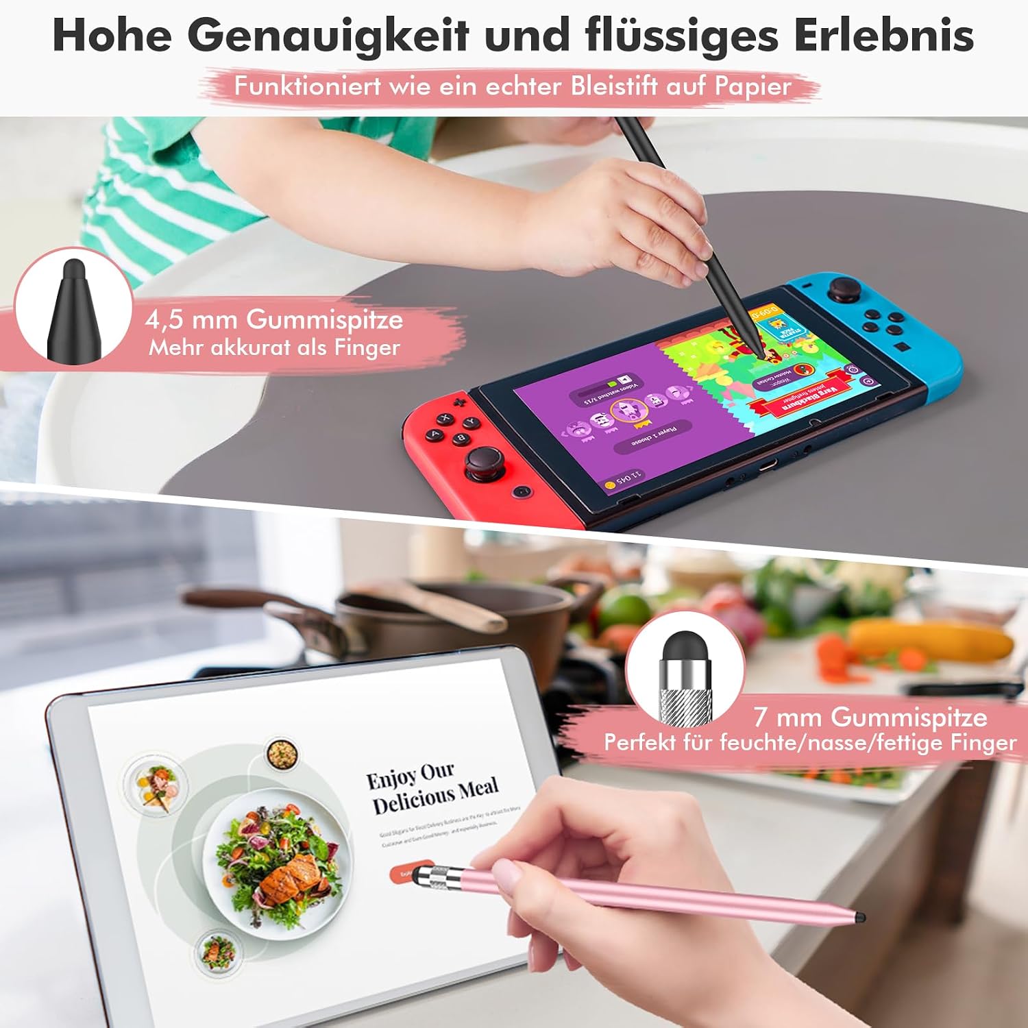 Detalle de MEKO Tablet Stift 2er Pack – 3 in 1 Touchscreen-Stylus mit Gummi- und Disc-Spitze