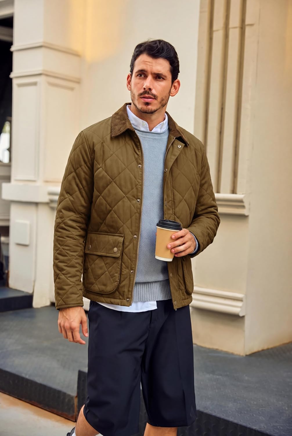 Detalle 1 de Runcati Men's Diamond Quilted Bomber Jacket, Insulated with Corduroy Collar