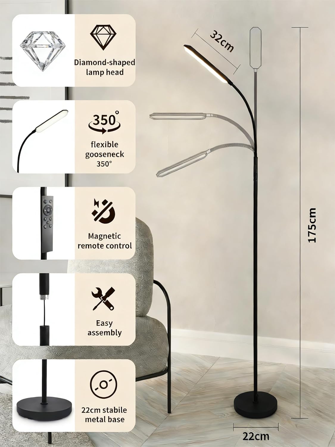 Thumbnail 5 de LED Stehlampe für Wohnzimmer & Lesebereich – 18W dimmbar, 2700–6500K mit Fernbedienung, Timer (Schwarz)