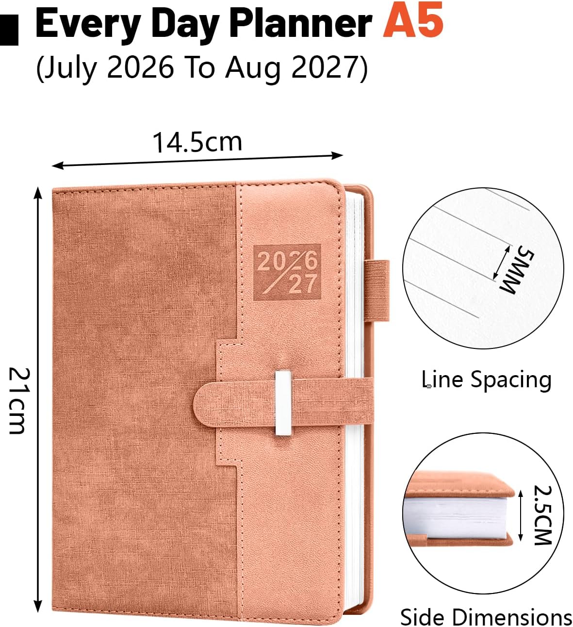 Detalle 2 de HW CASA Agenda Giornaliera 2026/2027 A5 – Diario multilingue con etichette mensili 3D, PU e carta di alta qualità