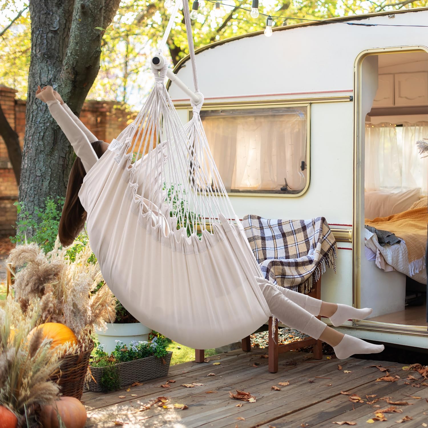 Thumbnail 5 de Ohuhu Hängesessel mit 2 Kissen und Deckenhaken-Kit – XL Outdoor Hängestuhl bis 150 kg, Beige