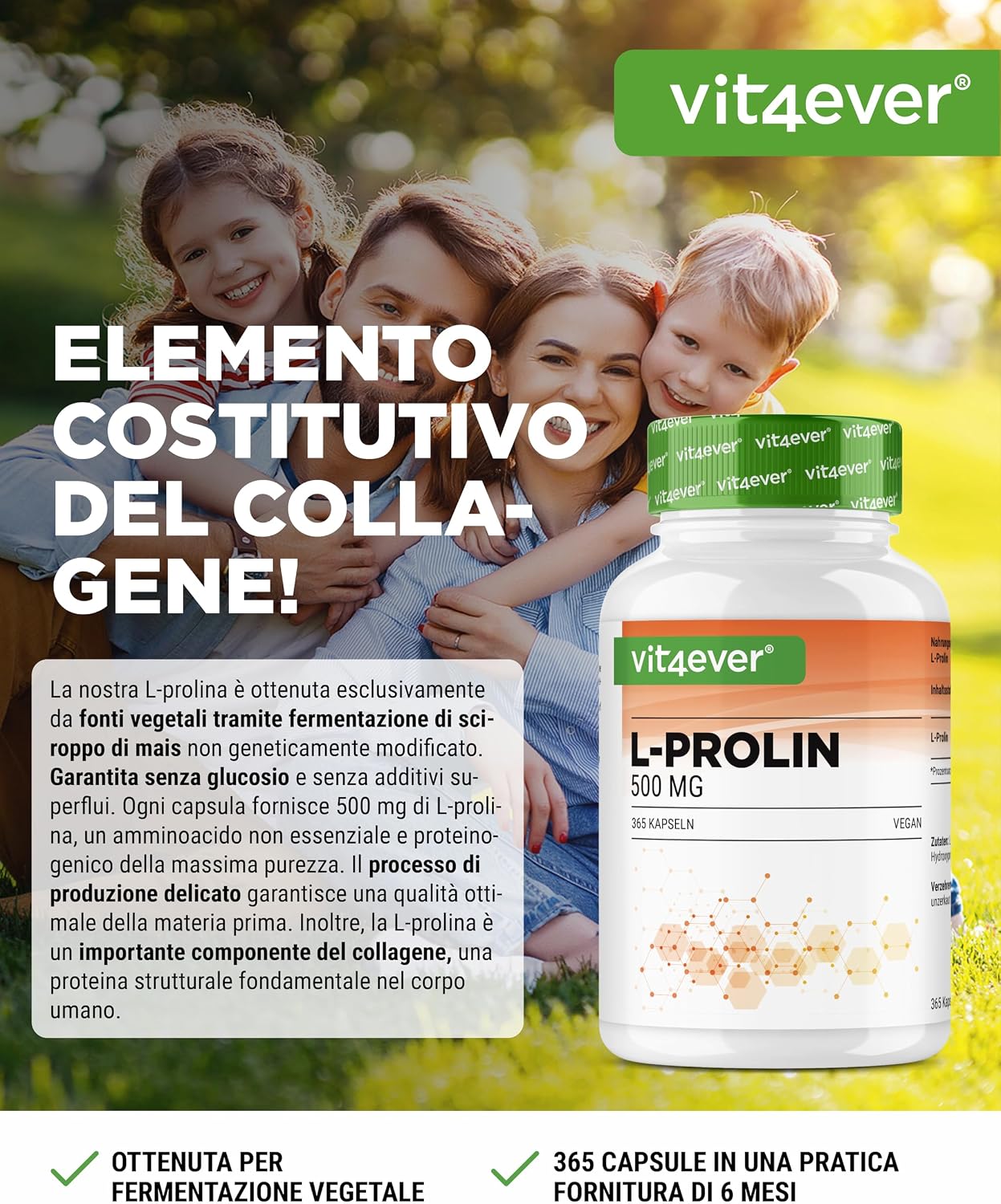 Detalle de Vit4ever L-Prolina 365 capsule – Dosaggio elevato 1000 mg/giorno, puro vegano