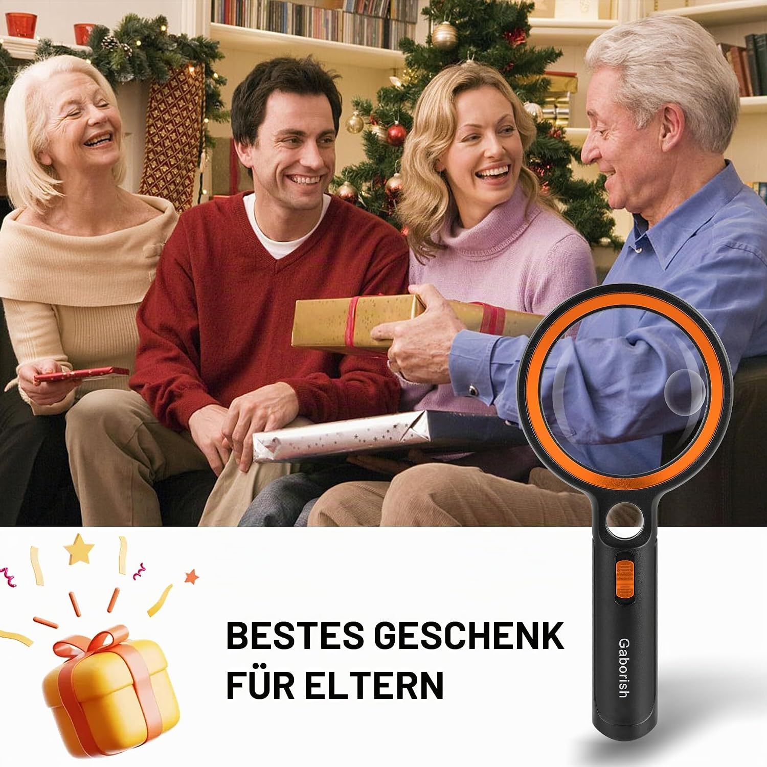 Detalle 2 de GABORISH Lupe mit Licht – 10x/20x/45x Vergrößerung, 30 LED + UV, Leselupe für Senioren (Groß, Orange)