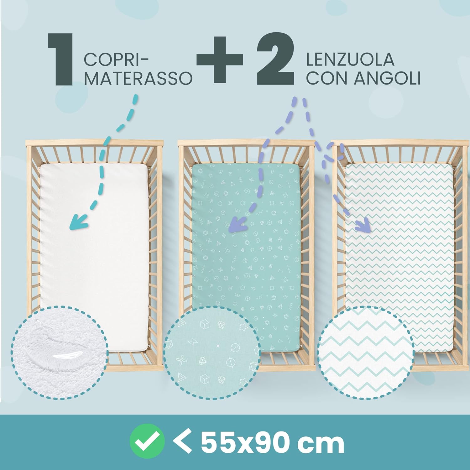 Thumbnail 1 de Sweety Fox Lenzuola 3-in-1 per Culla Cododo 55x90 cm - Set 2 + Coprimaterasso Impermeabile con Elastico 3-in-1 (Blu)