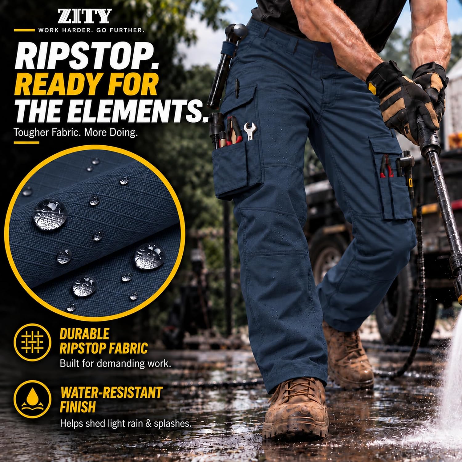 Detalle de ZITY Men's Work Pants, 10-Pocket Water-Resistant Ripstop Cargo Pants