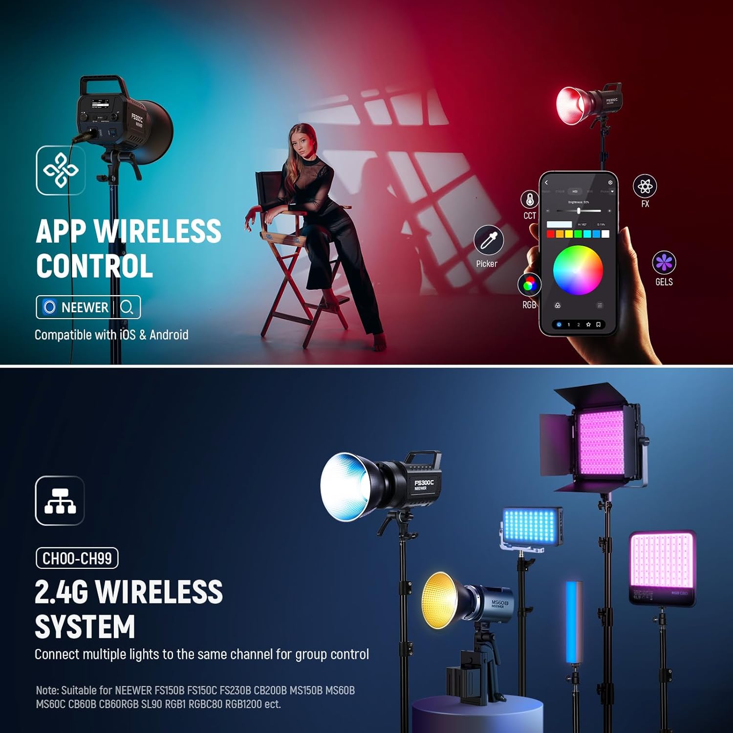 Thumbnail 6 de NEEWER FS300C 300W RGB LED Video Light (Bowens mount) with APP/2.4G control