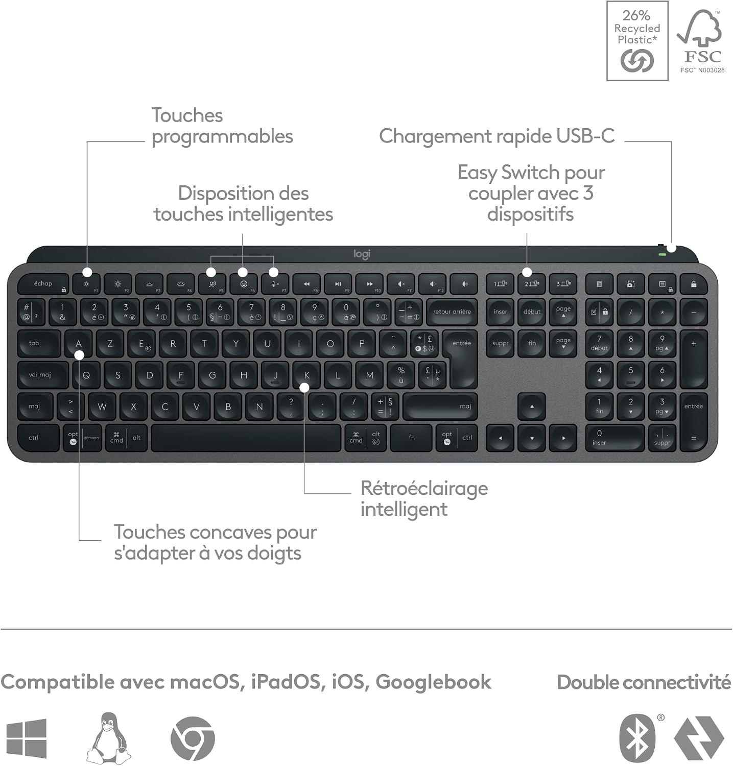 Thumbnail 6 de Logitech MX Keys S Clavier sans Fil – Gris, Rechargeable USB‑C