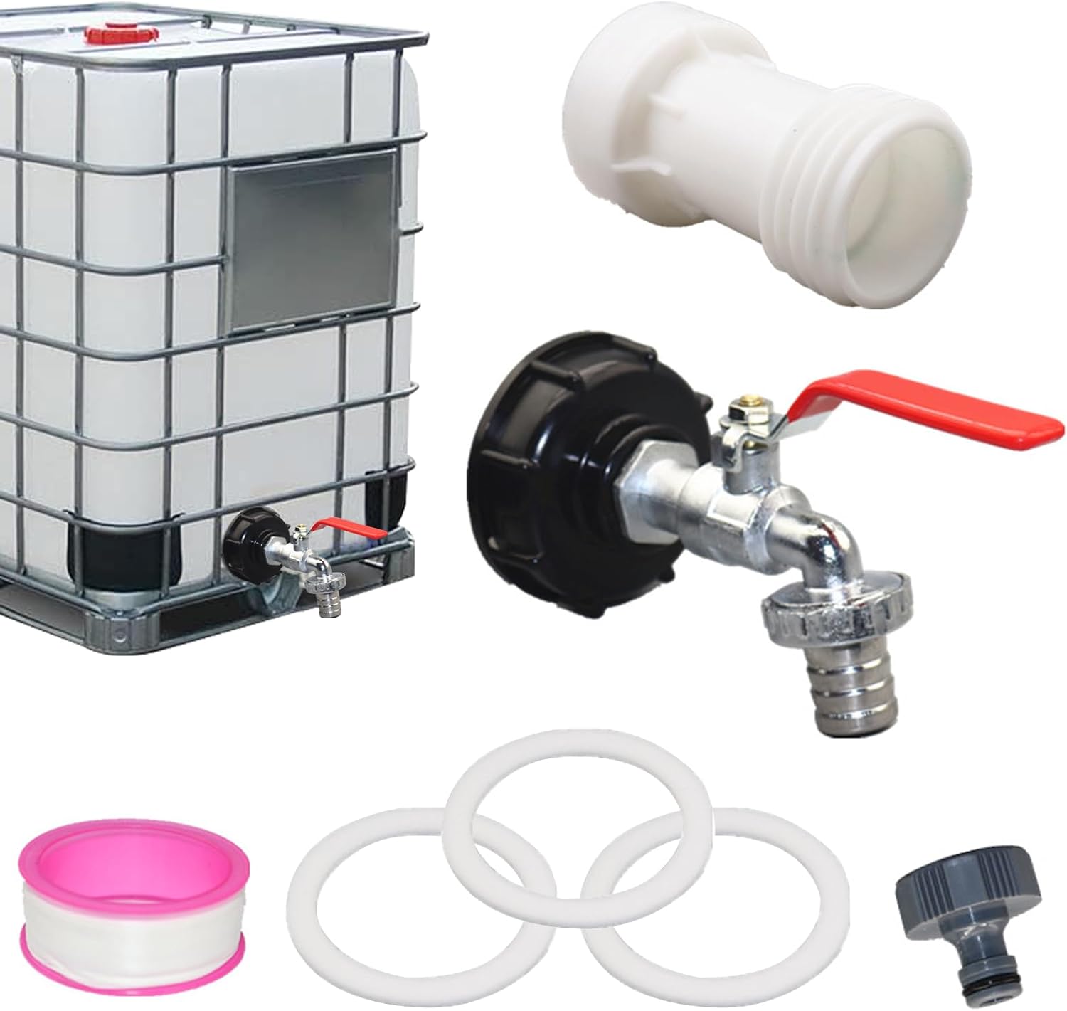 HuaMuDM IBC Tank Auslaufhahn Set – Verlängerung S60x6 Grobgewinde (1/2") für Regentonne