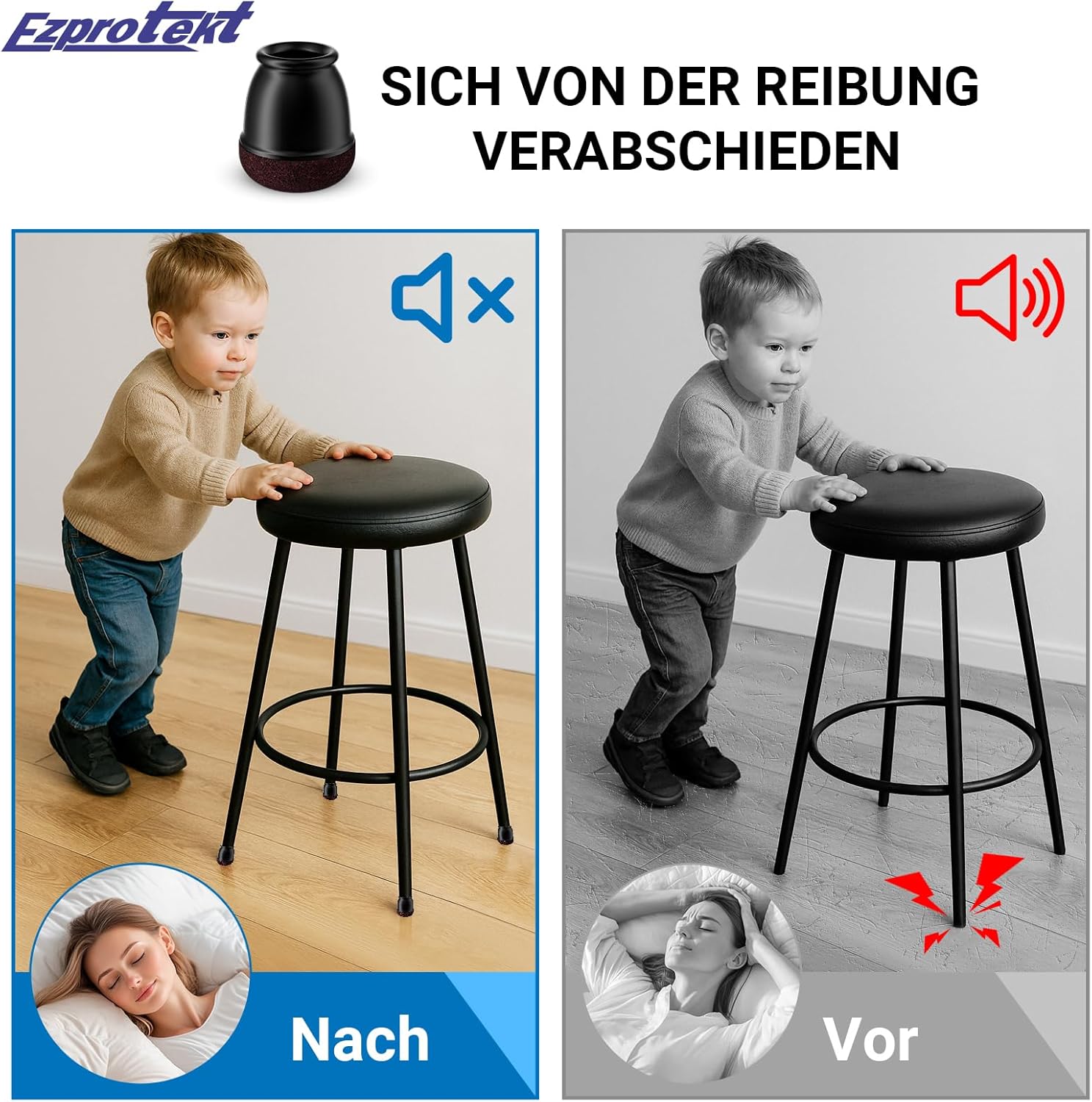 Detalle de Ezprotekt Stuhlbeinkappen aus Silikon (Ø 10–15 mm), schwarz, mit Filz – 16 Stück