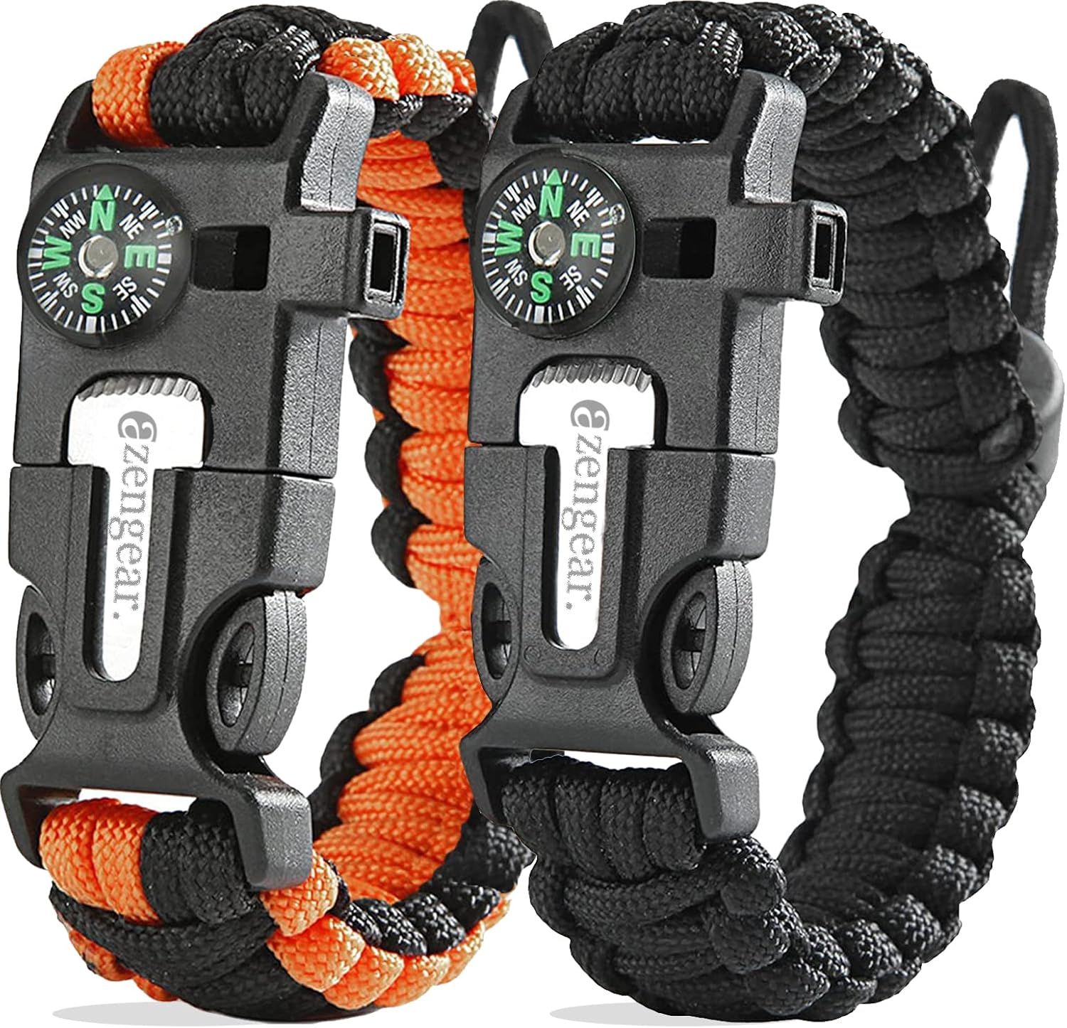 Braccialetto Sopravvivenza in Paracord (coppia) con accendifuoco, fischietto e bussola – Kit di emergenza nero e arancione