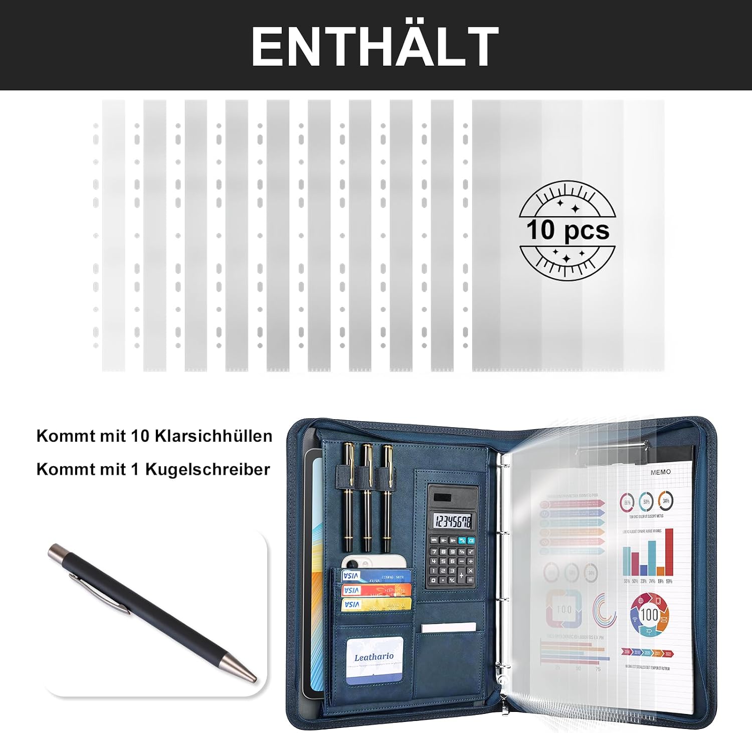 Detalle 2 de Leathario A4 Konferenzmappe – Schreibmappe mit 4‑Ring, Reißverschluss und umfassendem Organisationssystem