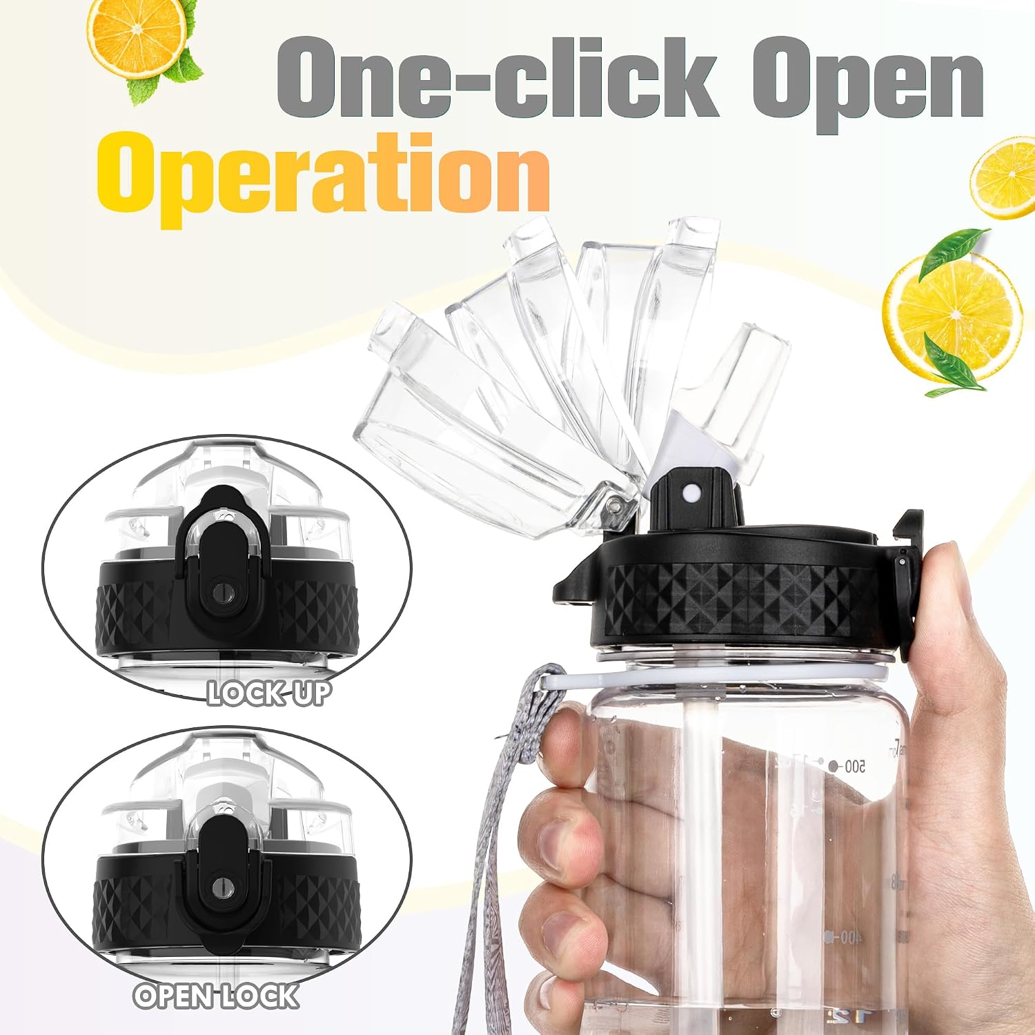 Detalle de GOPPUS 500ml Kids Water Bottle with Straw, Flip Top Lid & Time Markings (BPA-free Tritan)