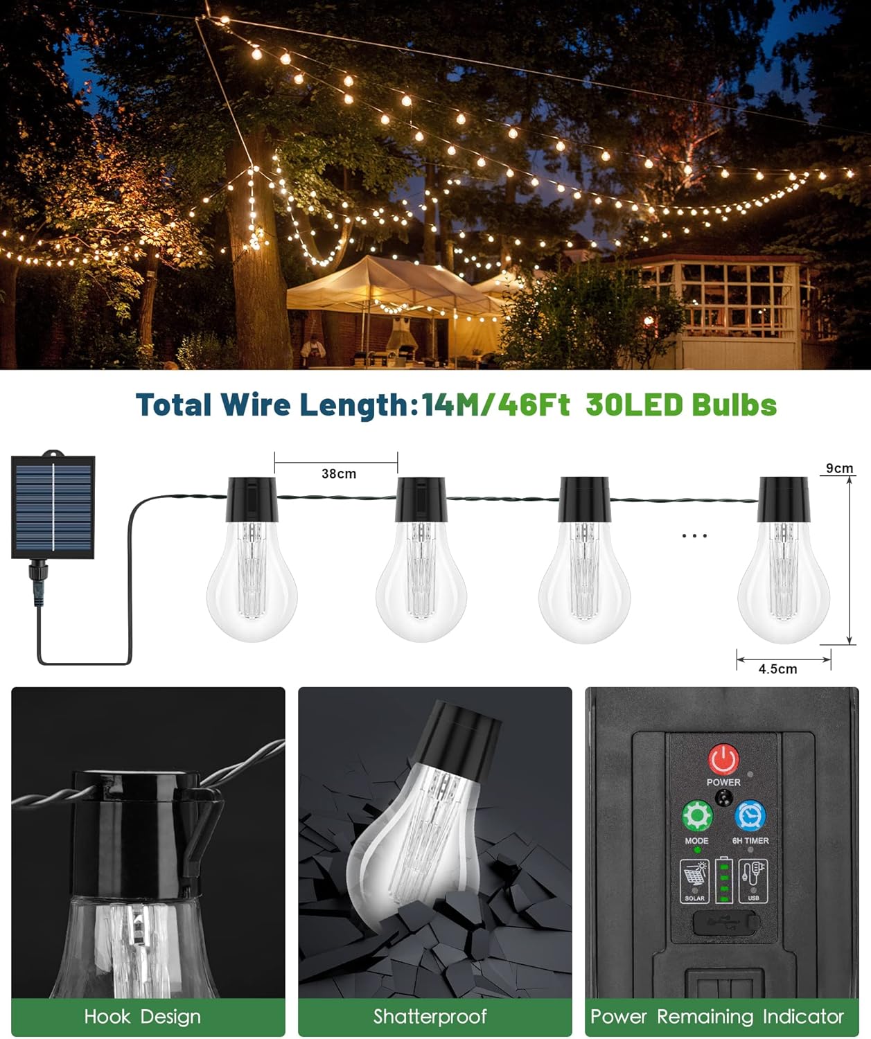 Thumbnail 4 de ULIGHTOWN Solar Festoon Lights Outdoor 14m