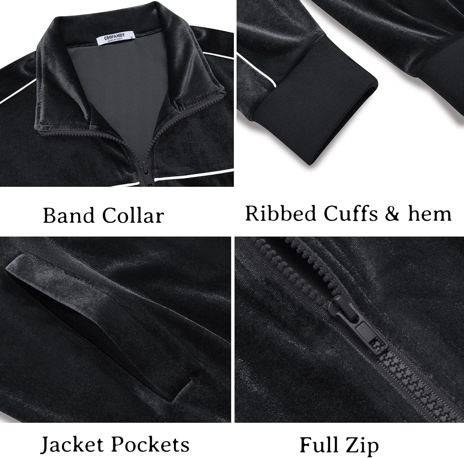 Detalle de COOFANDY Men's Velour Tracksuit Set with Full-Zip Jacket and Drawstring Pants