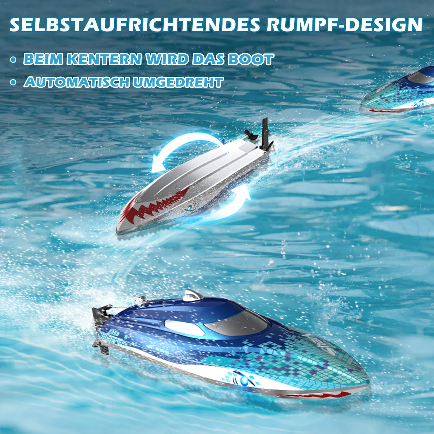 Detalle de DEERC RC Boot HJ812 mit LED-Beleuchtung – ferngesteuertes Haifischboot für Pool & See (2,4 GHz)