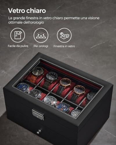 Detalle de SONGMICS BRIDIE JWB020R01 porta orologi a 2 livelli, 20 posti e coperchio in vetro
