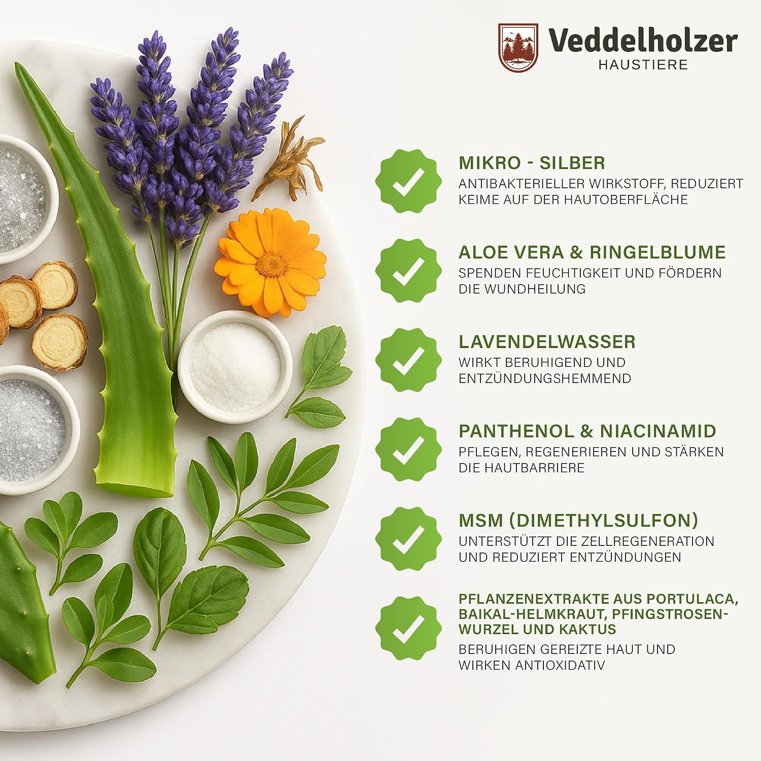 Detalle 2 de Veddelholzer Juckreizspray für Hunde – 500 ml: Beruhigendes Pflegespray mit Nano-Silber, Aloe Vera & Ringelblume