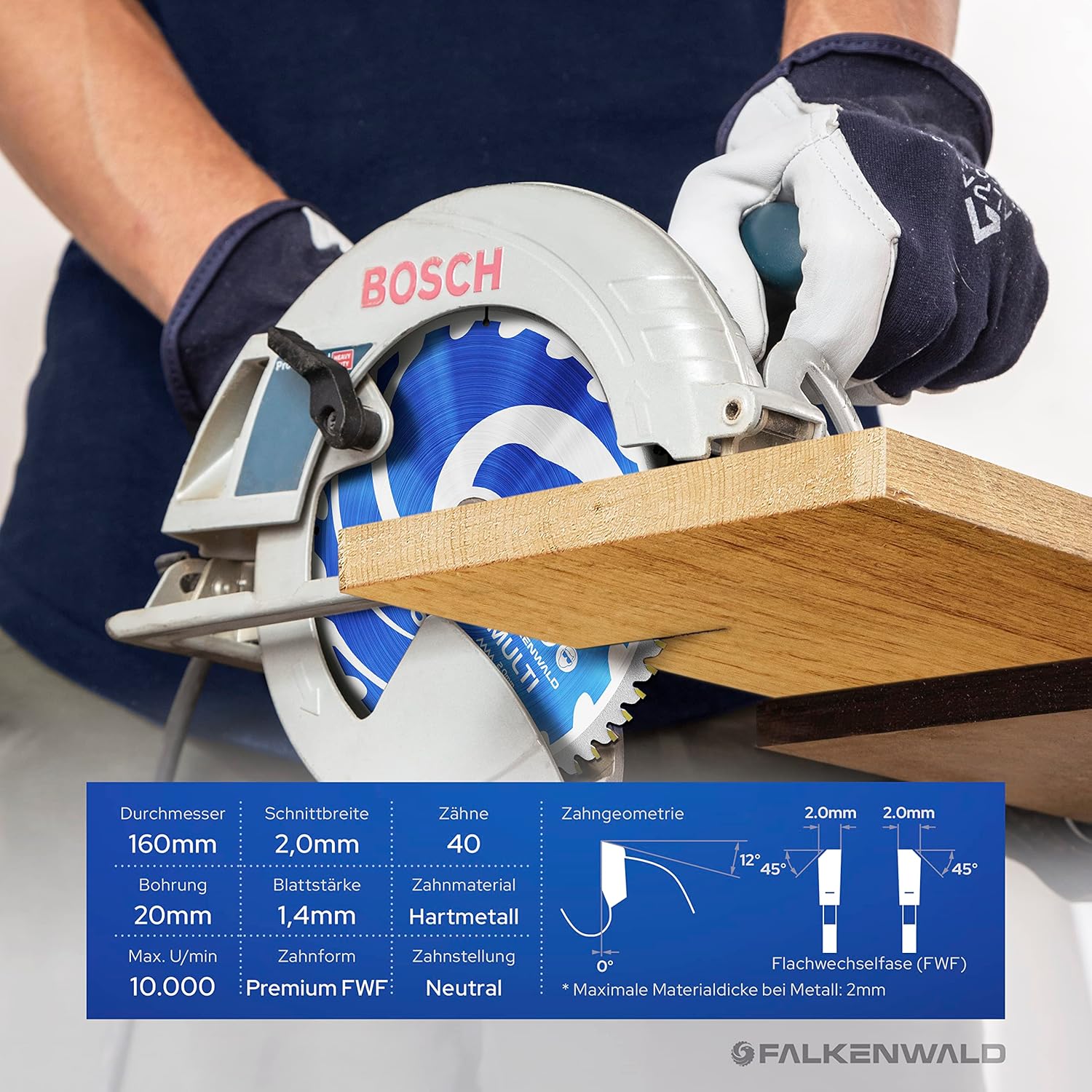 Thumbnail 5 de FALKENWALD Sägeblatt 160x20 mm für Holz, Metall & Alu – kompatibel als 160x20 Kreissägeblatt (u. a. TS55 & Bosch Multi 160)