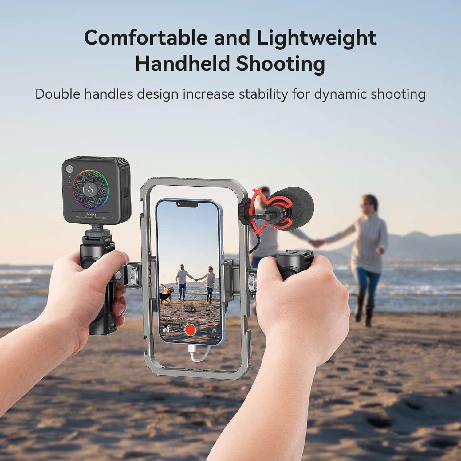 Detalle de SMALLRIG 4121 telefoonstabilisatorset met aluminium cage en dubbele handgrepen