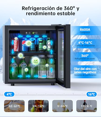 Detalle 2 de WIE Nevera para Bebidas 36L: mini frigorífico expositor de 55 latas, puerta de cristal y No Frost
