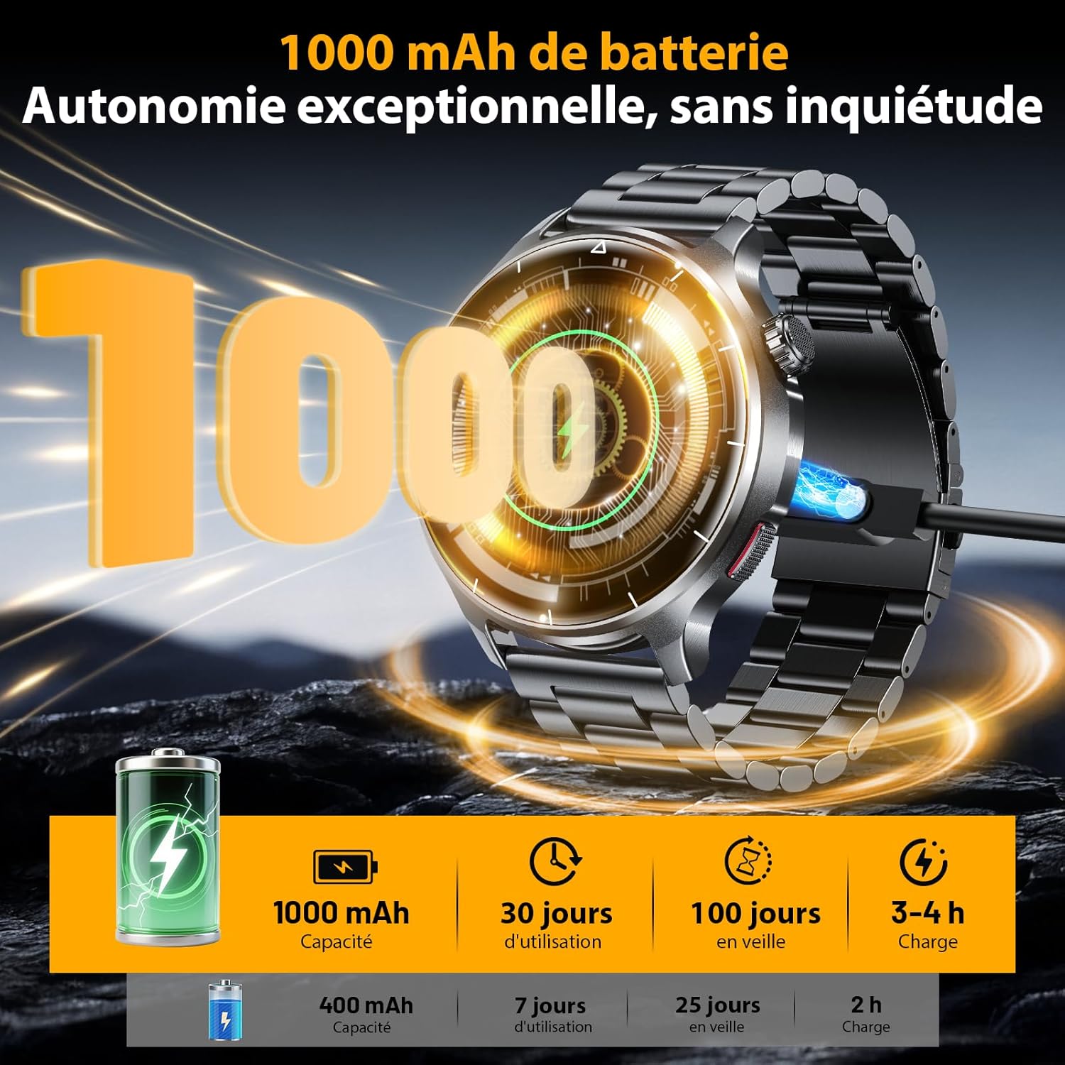 Thumbnail 1 de Montre connectée homme 1,52" HD avec appels Bluetooth et batterie 1000 mAh (IP68, acier noir)