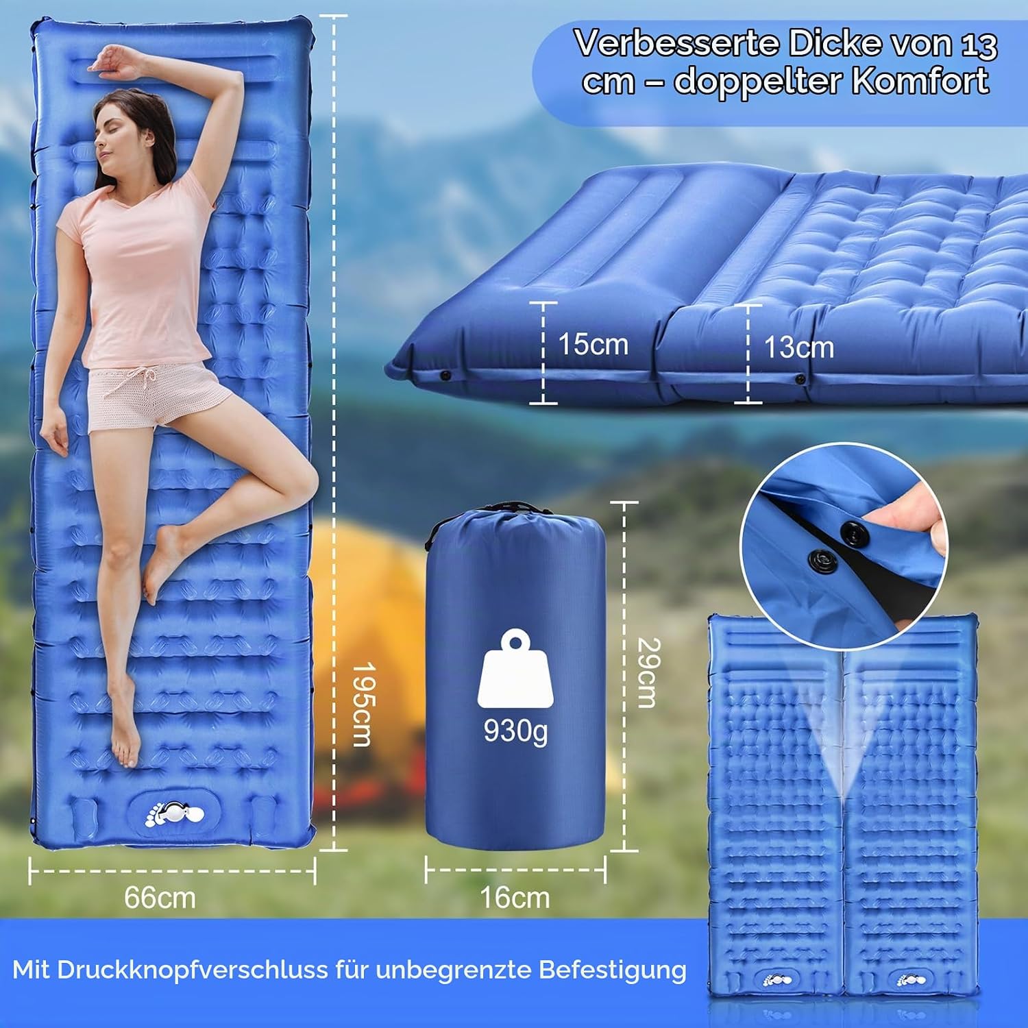 Detalle de BIAOQINBO Verbessertes Outdoor-Luftmatratze Blau – 13 cm Dicke, integriertes Kissen, Fußpumpe, 260 kg Belastbarkeit