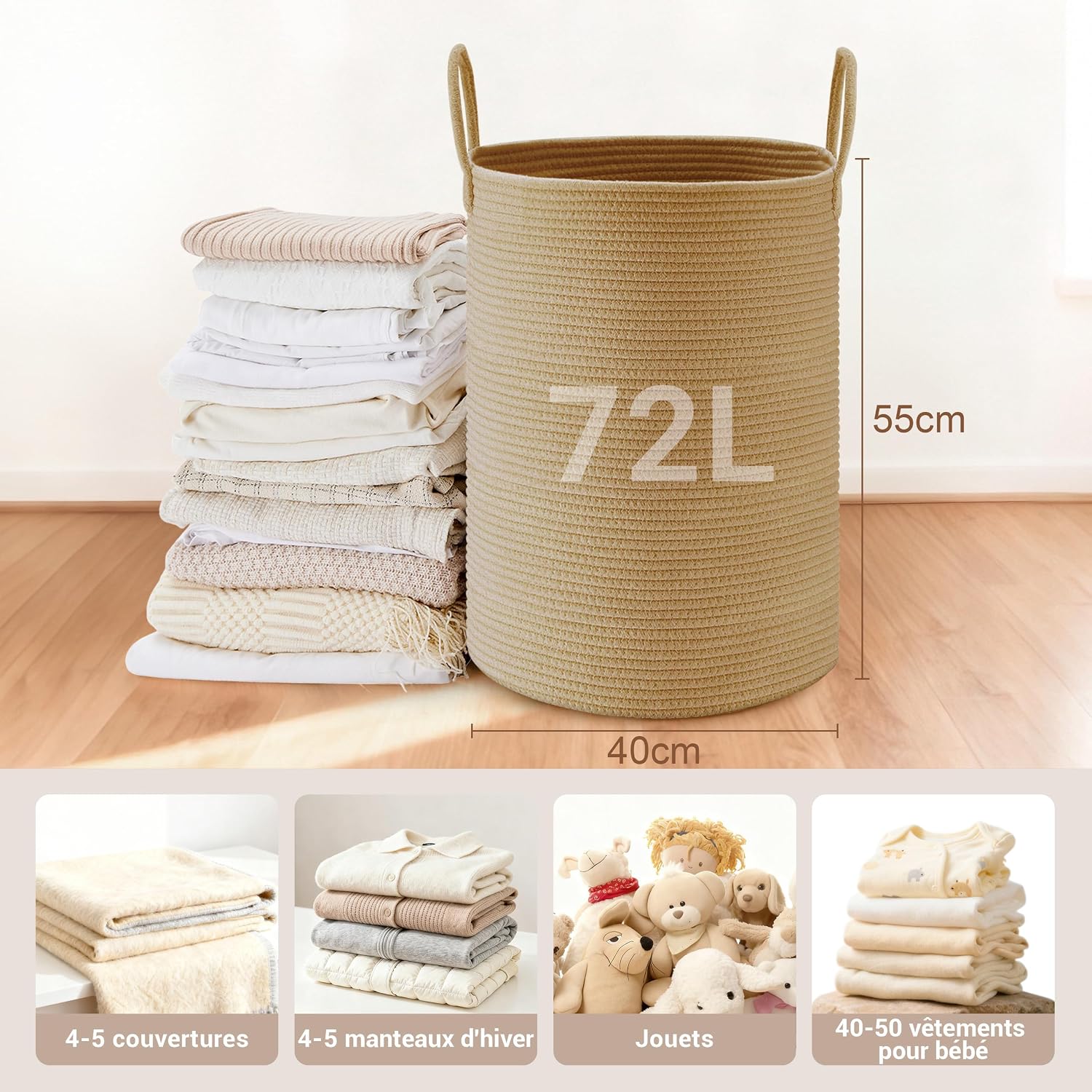 Detalle de MYHOMMATTO MYLD01-1 katoenen wasmand 72 l, opvouwbaar met handgrepen
