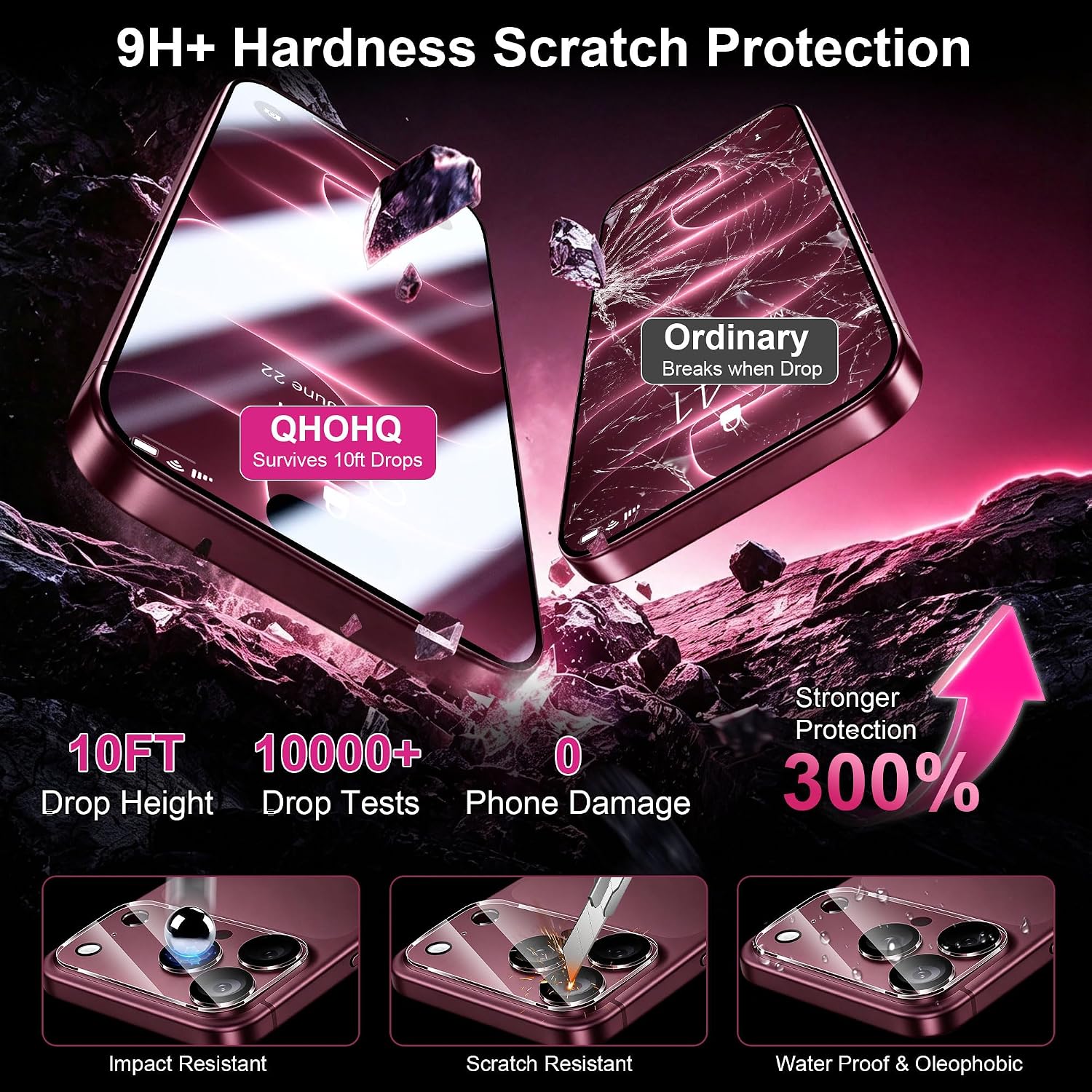 Detalle de QHOHQ iPhone 18 Pro Max Screen Protector, 9H+ Tempered Glass, 3+3 Pack