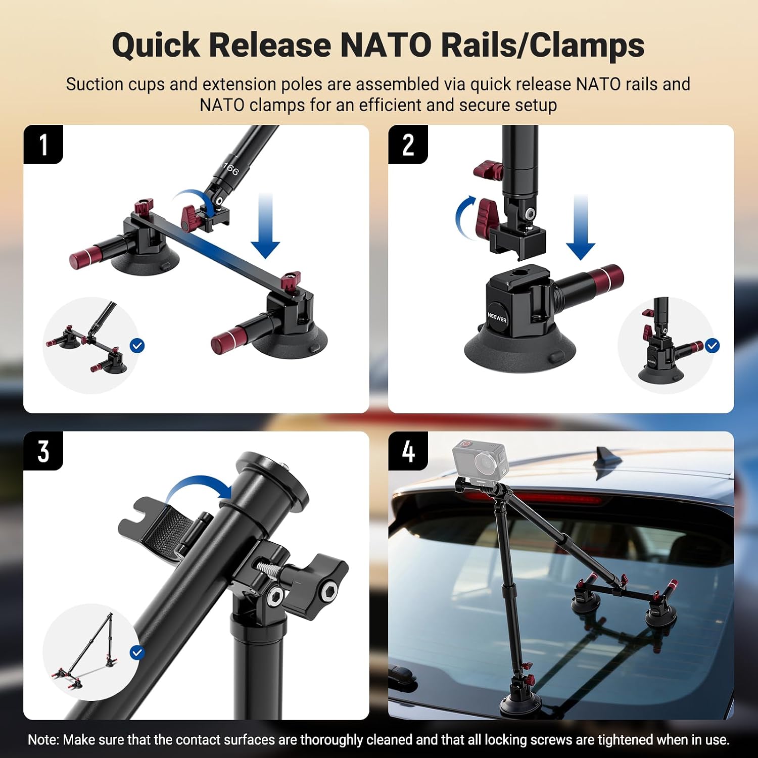 Detalle de NEEWER Triple Suction Cup Car Mount Kit with 24" Aluminum Poles (CA166) for GoPro, DJI, Insta360