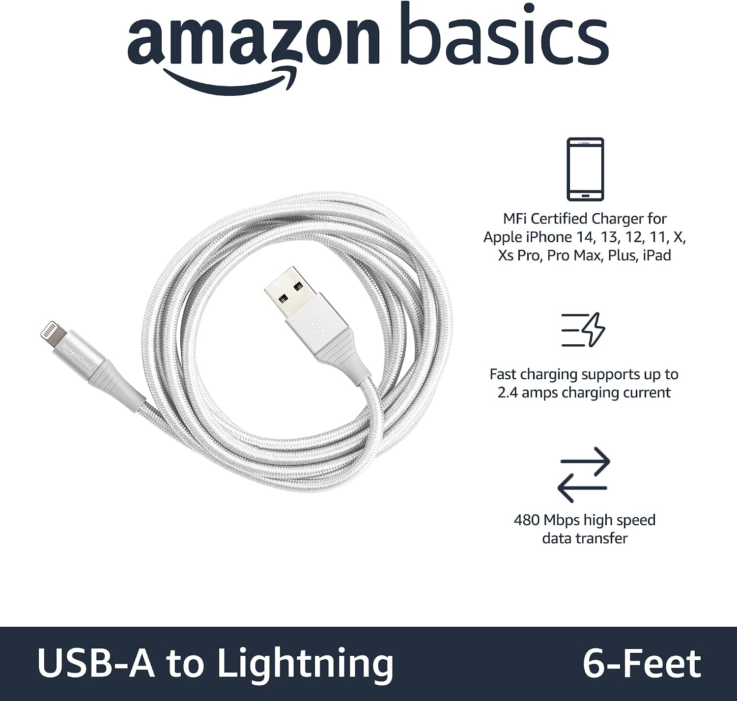 Detalle de Amazonベーシック USB-A - Lightningケーブル 1.8m シルバー、ダブルナイロン編組・MFi認証