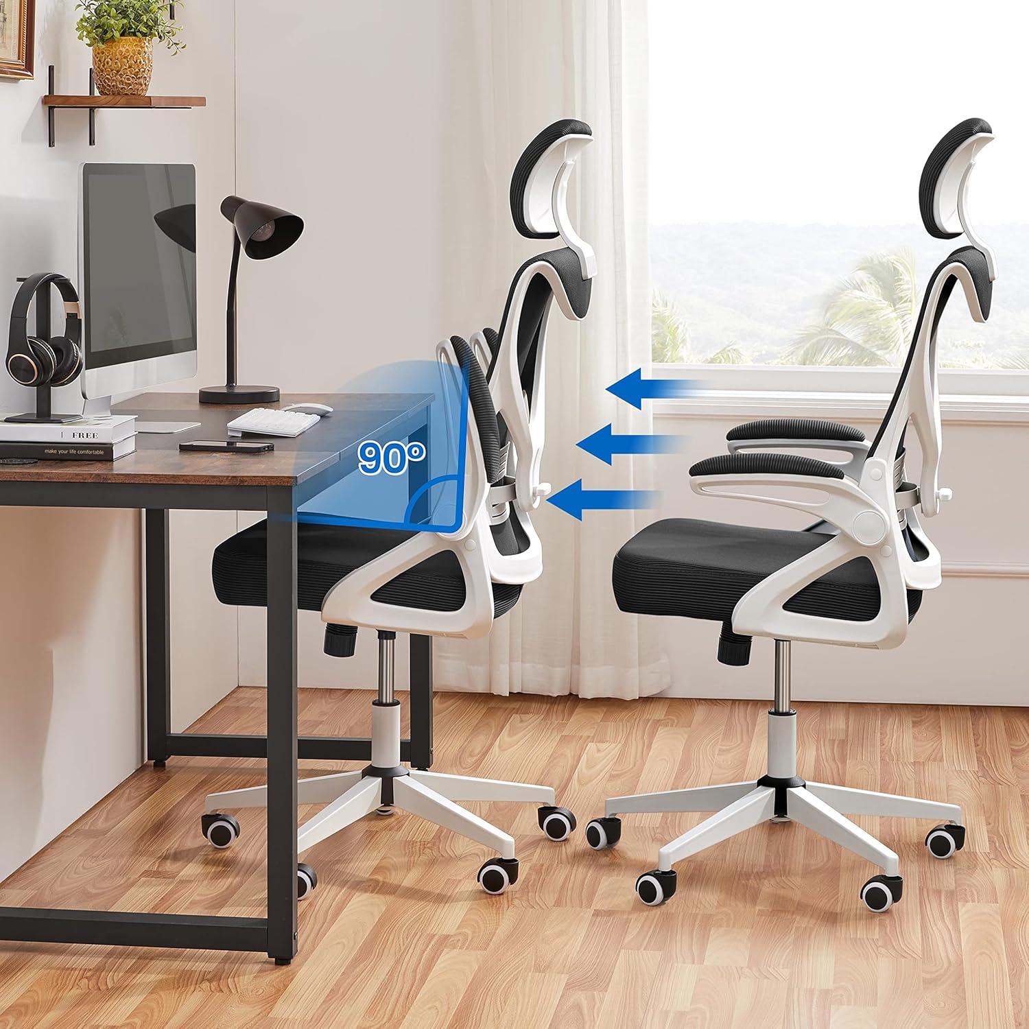 Detalle 2 de Yaheetech Bürostuhl Ergonomisch – Hochklappbare Armlehnen, Kopfstütze, 136 kg belastbar, Weiß/Schwarz