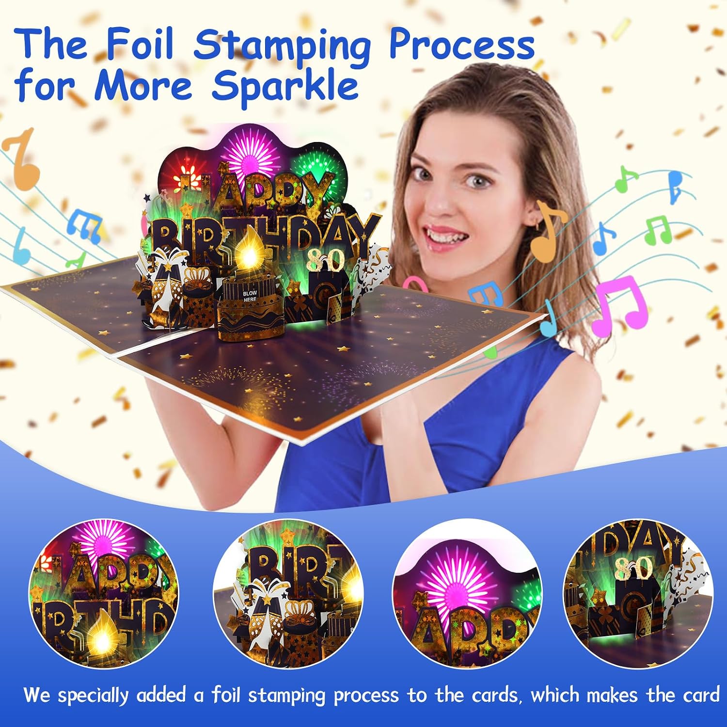 Thumbnail 3 de 80th Birthday Card, Musical & Pop-Up Fireworks – A special 3D celebration card for 80th milestones
