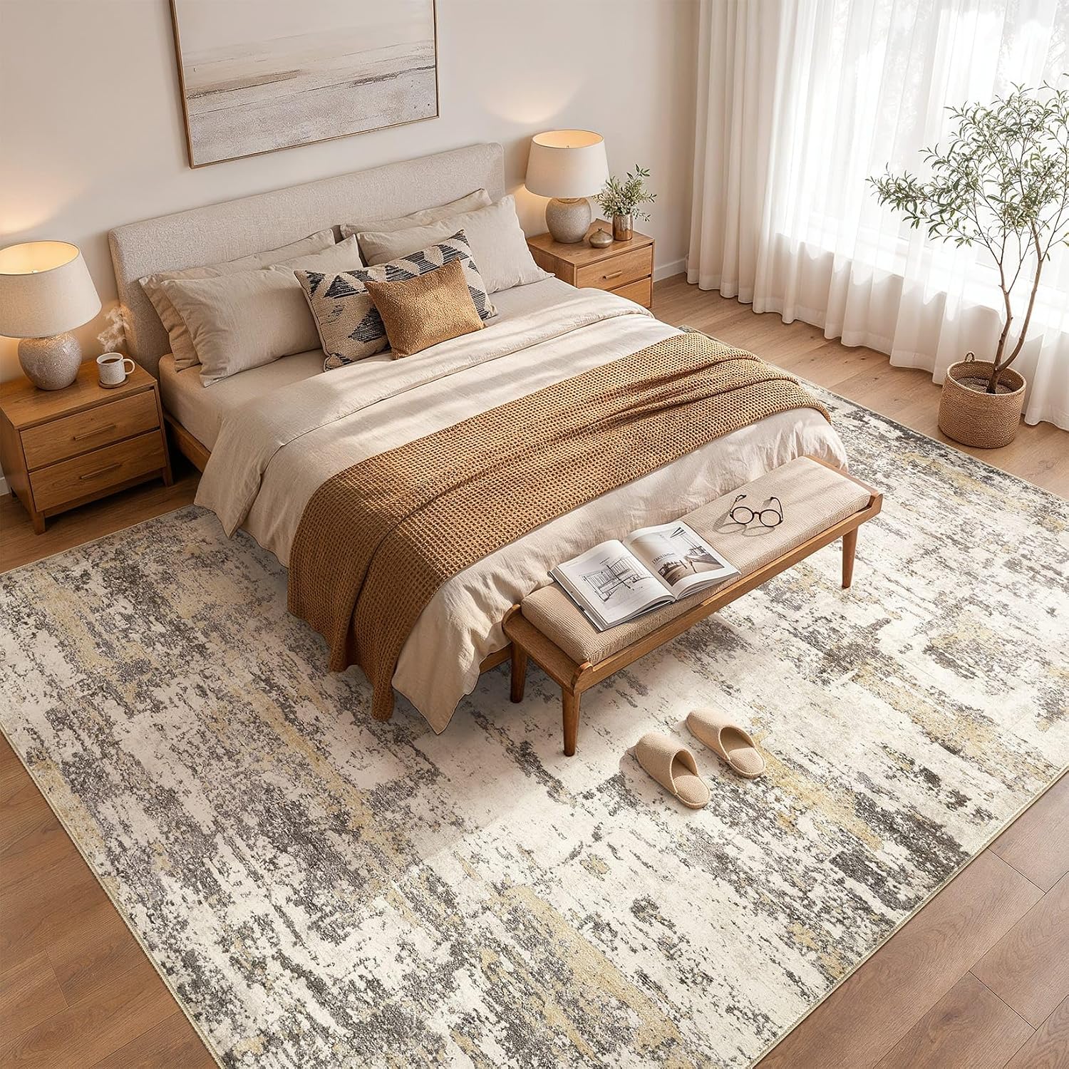 Detalle de Jessibou 9' x 12' Abstract Washable Area Rug, Gold Brown, Low Pile