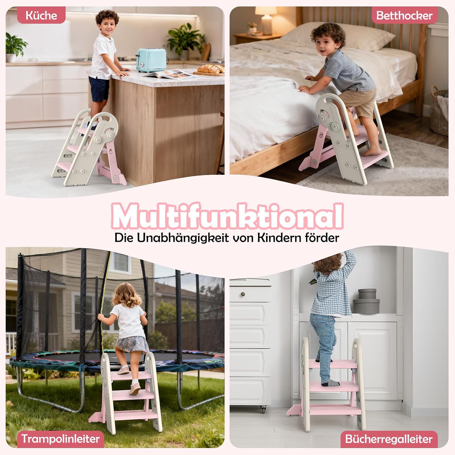 Detalle 2 de Onasti Tritthocker Kinder – Höhenverstellbar, 3 Stufen, klappbar, Anti-Kipp, Rosa