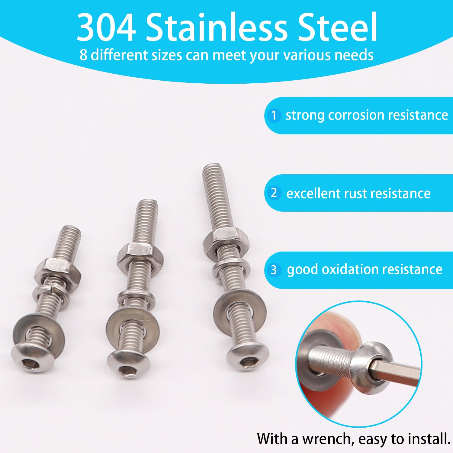 Detalle de Bemaka 580-Piece M3 Screw Kit, 304 Stainless Steel, 8 Lengths & Hex Wrench