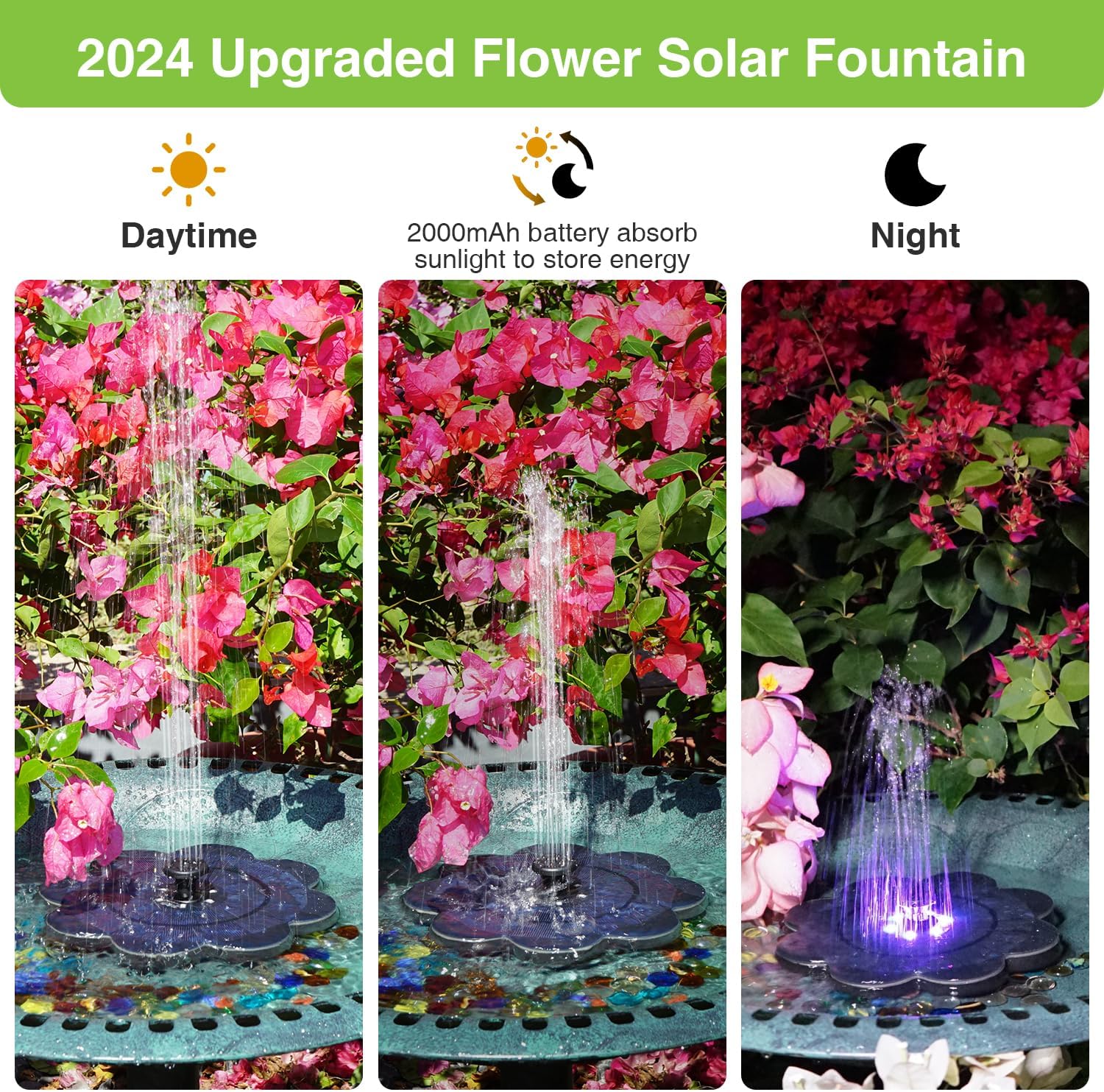 Thumbnail 2 de SZMP Solar Springbrunnen LED – 3,5W Glas-Solarteichpumpe mit 2000mAh Akku, 7 Wasserstilen und 4 Fixierungen